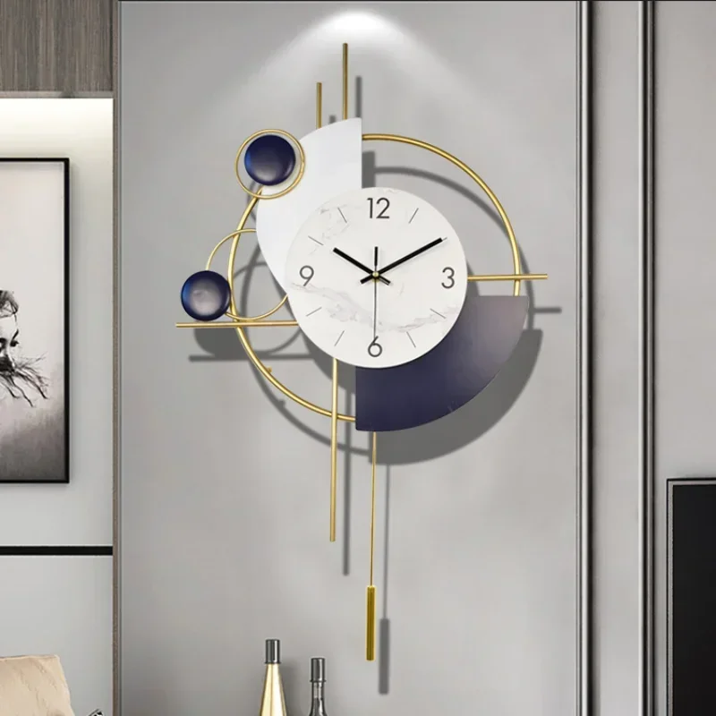 Metal Fashion Automatic Swing Silent Wall Clock White Marble Quartz Wall Watch Living Room Decor Hotel Lobby Decorative Clock