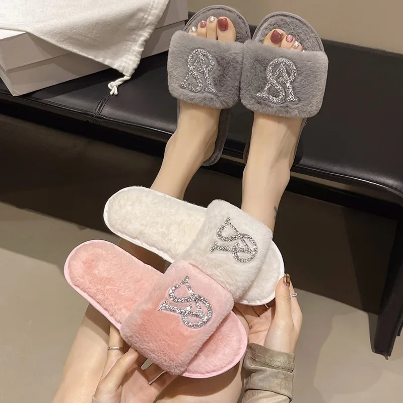 Zapatillas de fondo plano para mujer, pantuflas de algodón de talla grande con calor de diamante brillante, zapatos sin cordones de celebridades de Internet a la moda