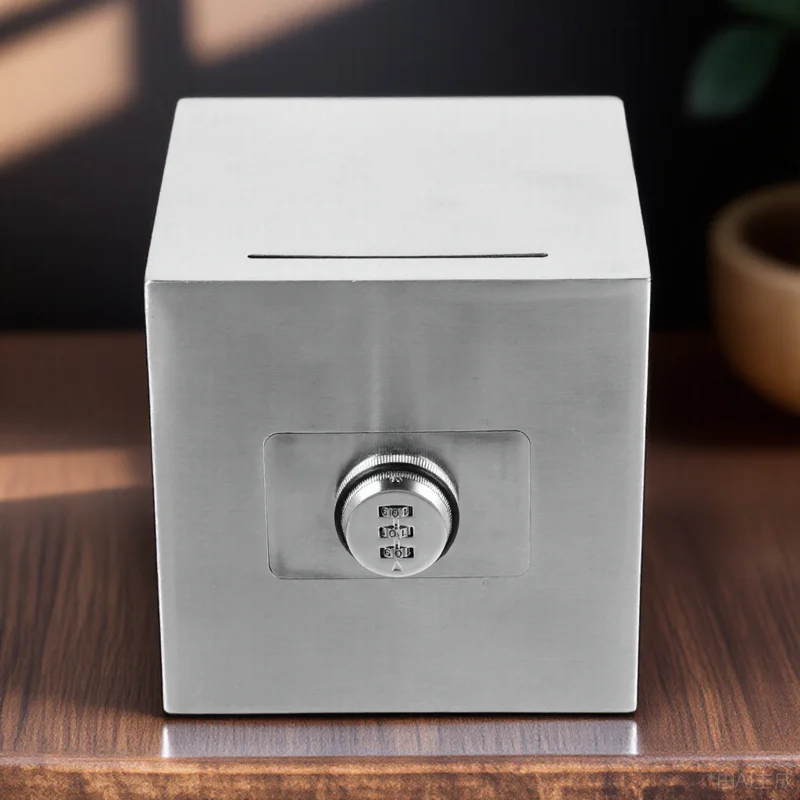 Stainless Steel 15x15x15cm Large Capacity Unique Piggy Bank Savings Bank with Lock Safe Money Storage Box