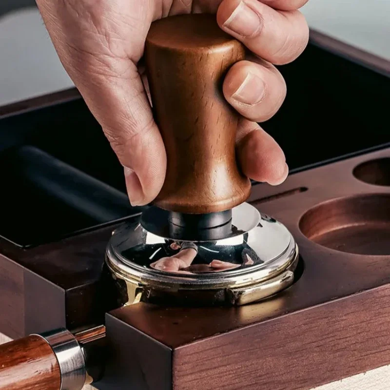 51mm 53mm 58mm Beech Wood Espresso Coffee Tamper Internal Spring Balanced Force Coffee Hammer Stainless Steel Base Barista Tools