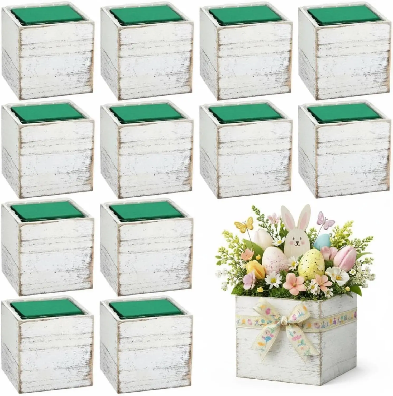 12 Sets Wooden Cube Planters, 4 Inch White Rustic Square Vase with Removable Liner for Garden Wedding Home Decor