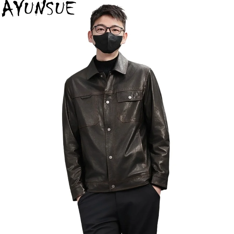 AYUNSUE Real Leather Coat Men Short Turn Down Collar Slim Fit Biker Jacket 100% Genuine Top Layer Cowhide Leather Jacket casacos