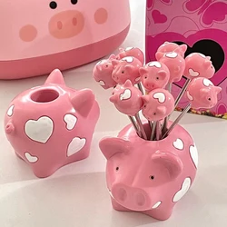 Kawaii Ins Fruit Forks with Base Cute Pink Pig Heart Food Picks for Kids Cafe Cake Forks Gift Home Decoration Bento Accessories