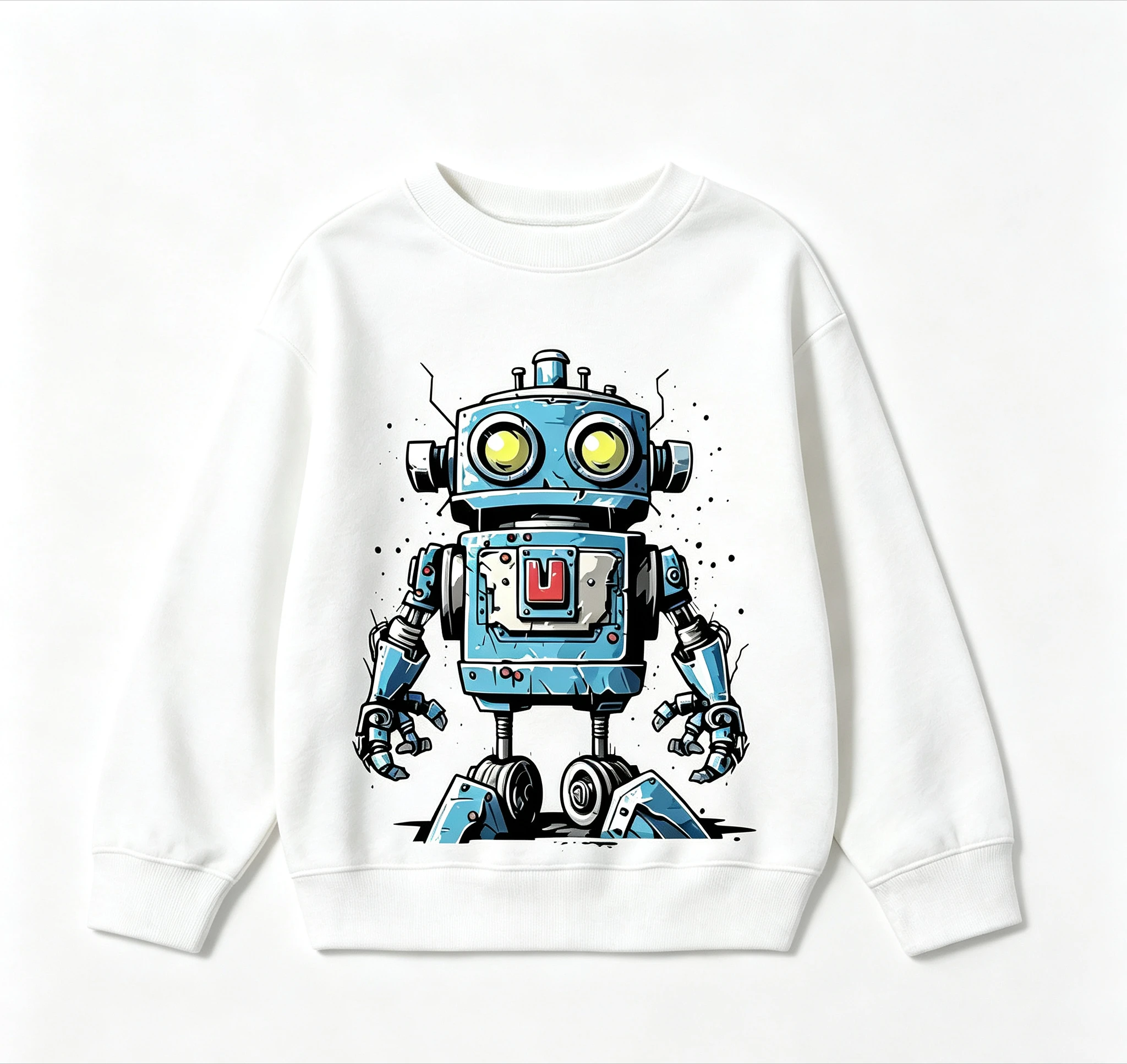 Kids Boys Crewneck Sweatshirt Vintage Blue Robot Graphic Print Pullover Casual Long Sleeve Tops