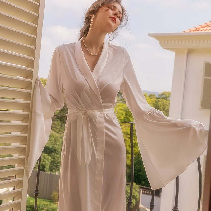 White Bride Wedding Long Robe Spring Summer Loose Satin Home Wear Nightgown Elegant French Flared Sleeves Kimono Bathrobe Gown