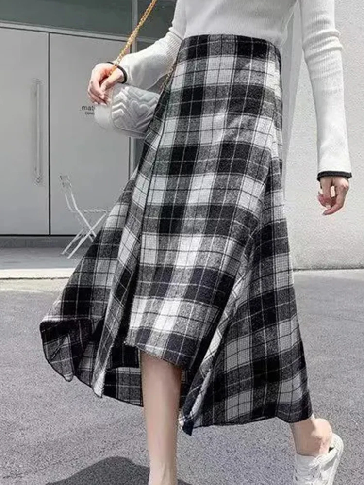 Plaid Long Skirts Women Vintage Irregular Woolen Midi Skirts Female Winter Warm High Waist Skirt Ladies Loose Retro A Line Skirt