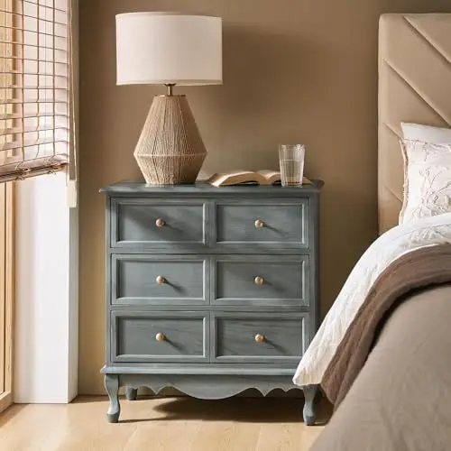 3-Drawer Nightstand with Charging Station, Blue | Farmhouse Design,Segmented Drawer Storage, Paulownia Wood, Metal