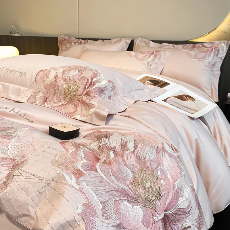100% Cotton Flowers Embroidery Luxury Bedding Set Pink Gray Blue Duvet Cover Set Flat/Fitted Bed Sheet Set Pillowcases 4Pcs