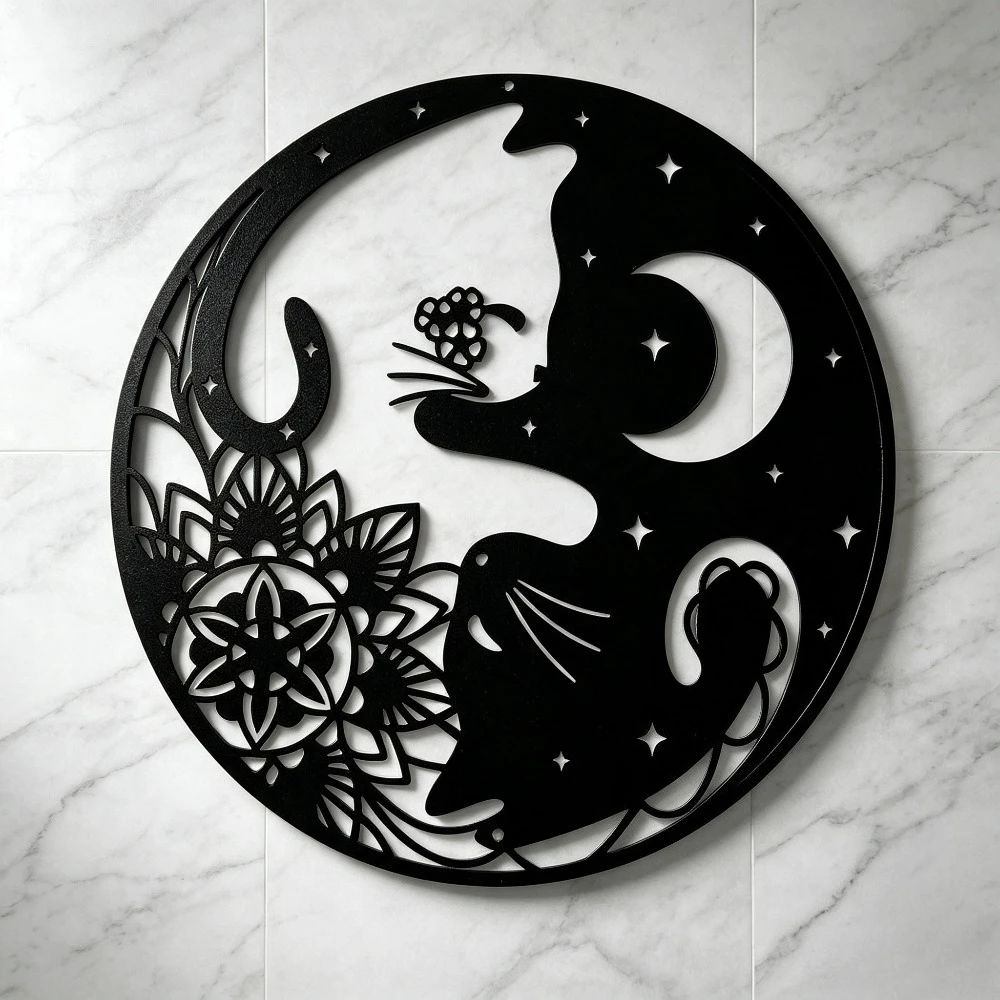 CIFBUY Metal Wall Art Yin Yang Cat Wrought Iron Decor Black Mandala Floral Pattern Rustic Indoor Outdoor Home Decor Living Room