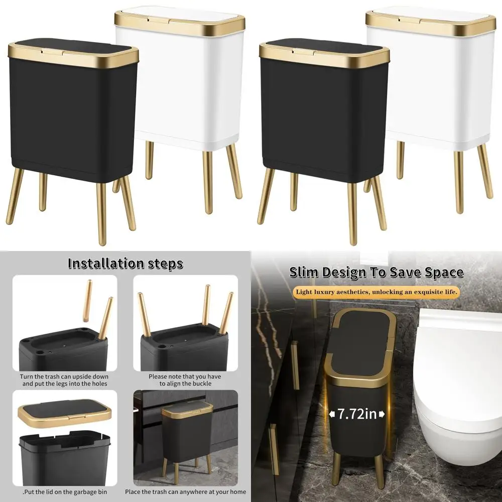 

4 Gallon Modern Trash Bin with Gold Trim, Slim Design for Bedrooms, Kitchens, Offices, and Bathrooms (Black & White)