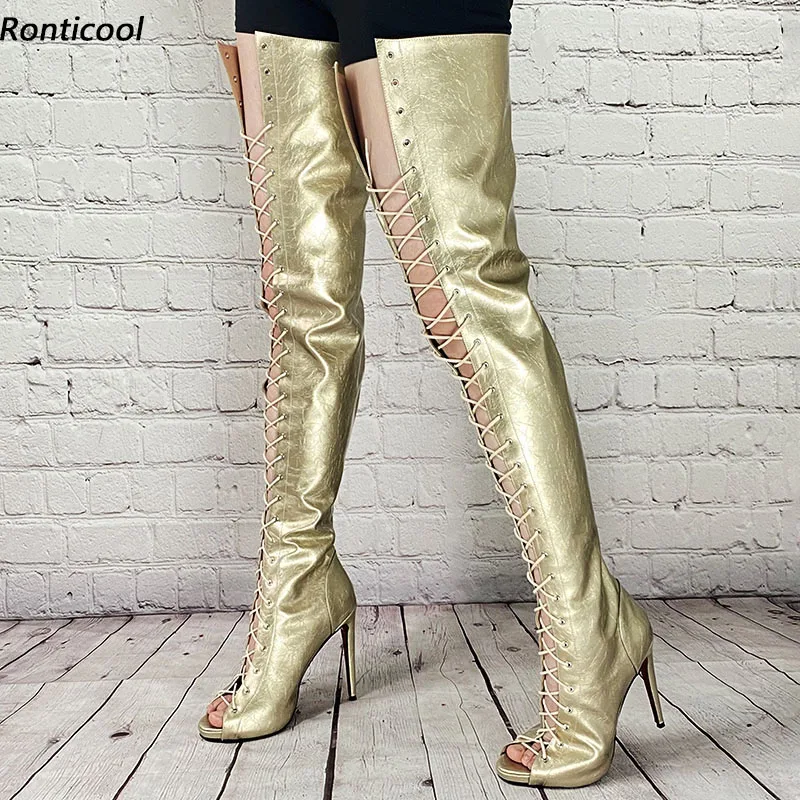 Ronticool Handwork Women Spring Thigh Boots Crack Pattern Stiletto Heels Round Toe Gold Party Club Shoes Ladies Us Size 5-20