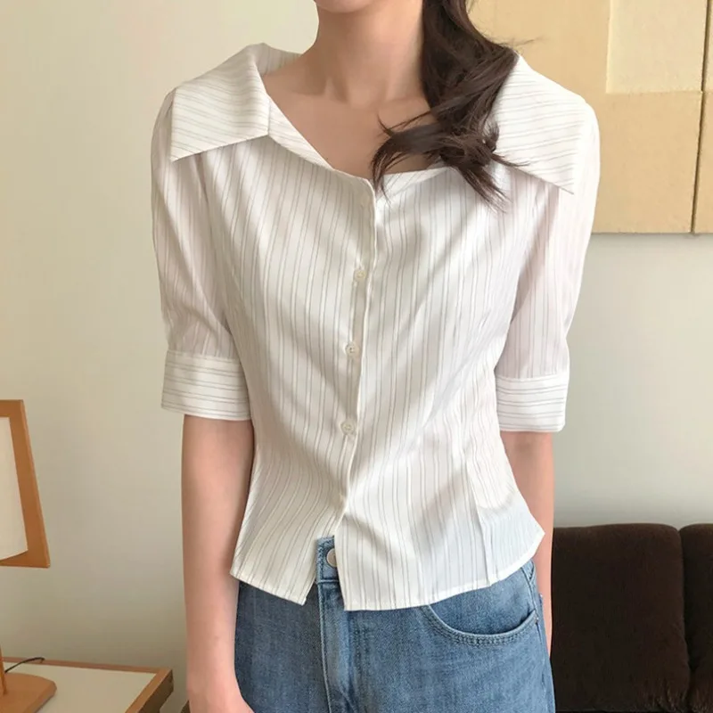 

Slim Fit Striped Shirt Women's Korean Style Button up Top Waist Cinched Single Button Midi Sleeve Casual Fashion Summer