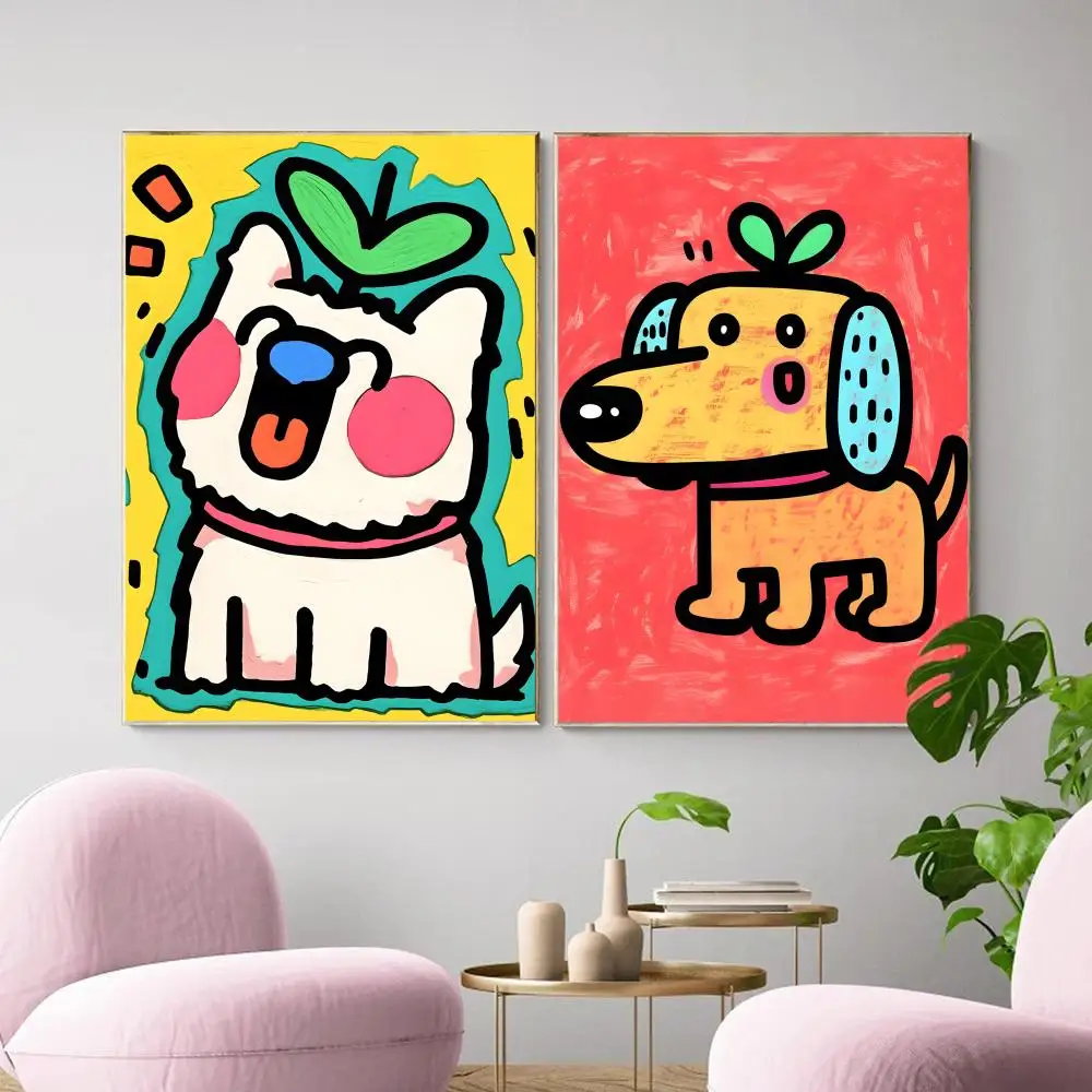 Cute color dogs Painting Calligraphy Canvas Poster Wall Art Aesthetic Home Decoration for Living Room