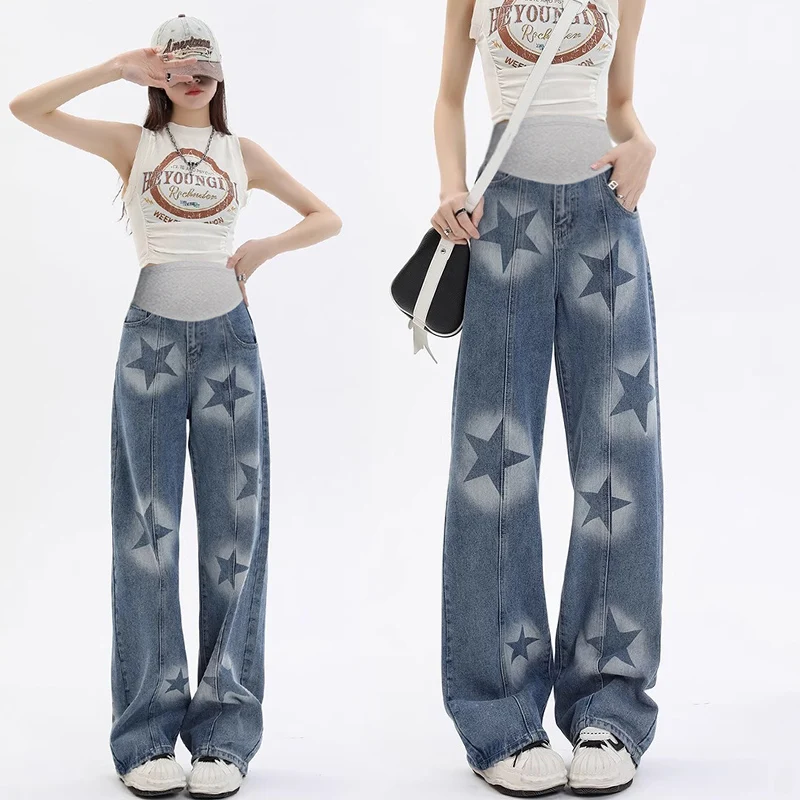 Star Printed Denim Maternity Long Jeans Fashion Belly Straight Pants for Pregnant Women Spring Pregnancy Trousers Streetwear