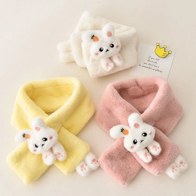 Boys Girls Winter Scarfs Thick Plush Cross Children\'s Scarf Baby Bib Cute Cartoon Rabbit Faux Fur Neck Protection Warm Shawl