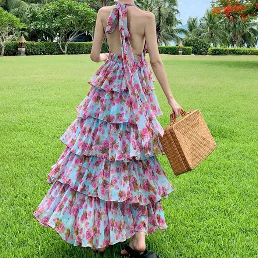 Parisian Floral Dress | Elegant Backless Design | Summer Vacation Boho Chic | Luxury Niche Fashion
