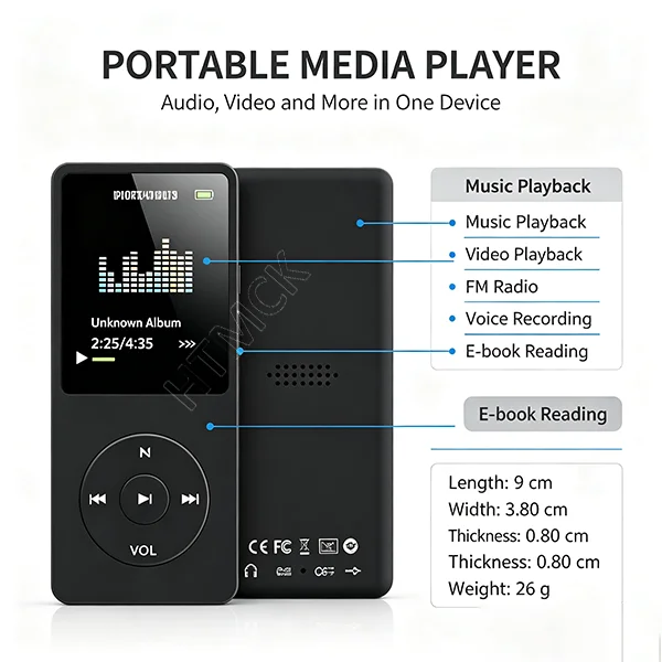 HTMCK Portable Bluetooth MP3 Player, LCD Screen HiFi Lossless Music Player, Support FM Radio, Video Playback, E‑Book Reading
