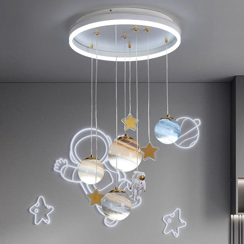 AiPaiTe Nordic Space Planet Astronaut Chandelier Modern Simple LED Children's Room Chandelier