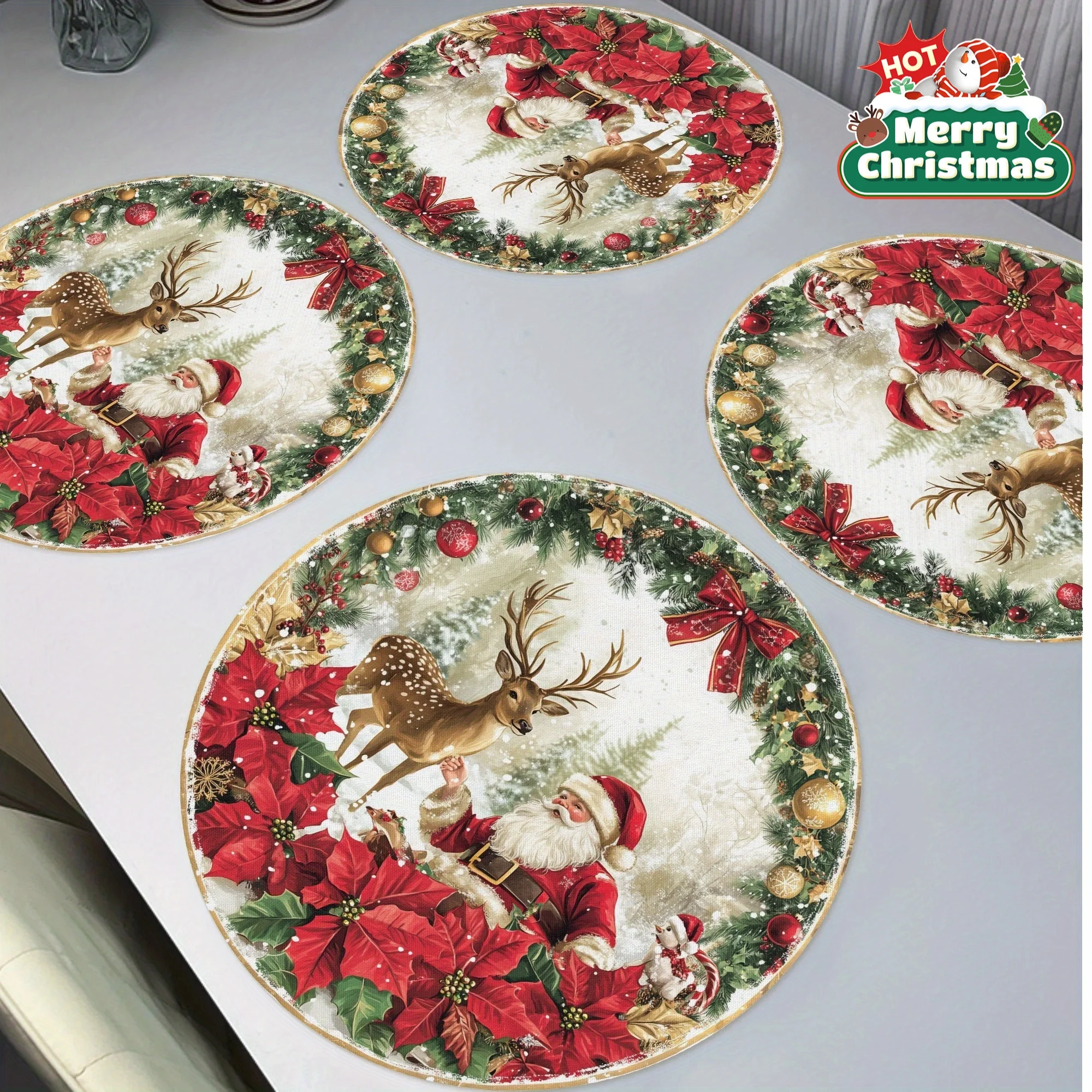 VIKAMA4PC Santa's Reindeer Placemats Holiday Gathering Family Table Decor Accessories Christmas Party Decorations