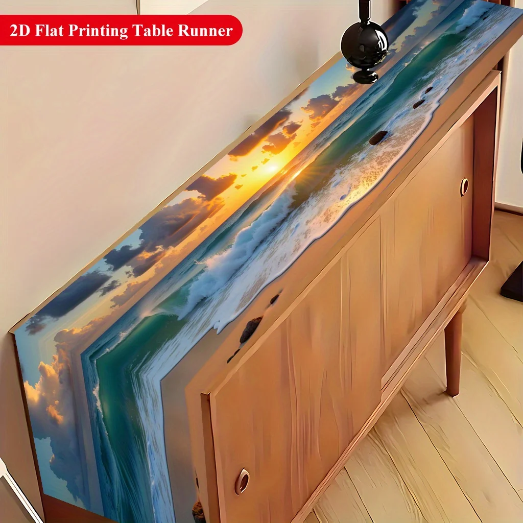 1 Piece of Table Runner with Beautiful Seaside Beach Sunset Scenery, Suitable for Farmhouse, Indoor, Kitchen, Celebrations, Table Decoration, Restaurant and Banquet Decoration Supplies