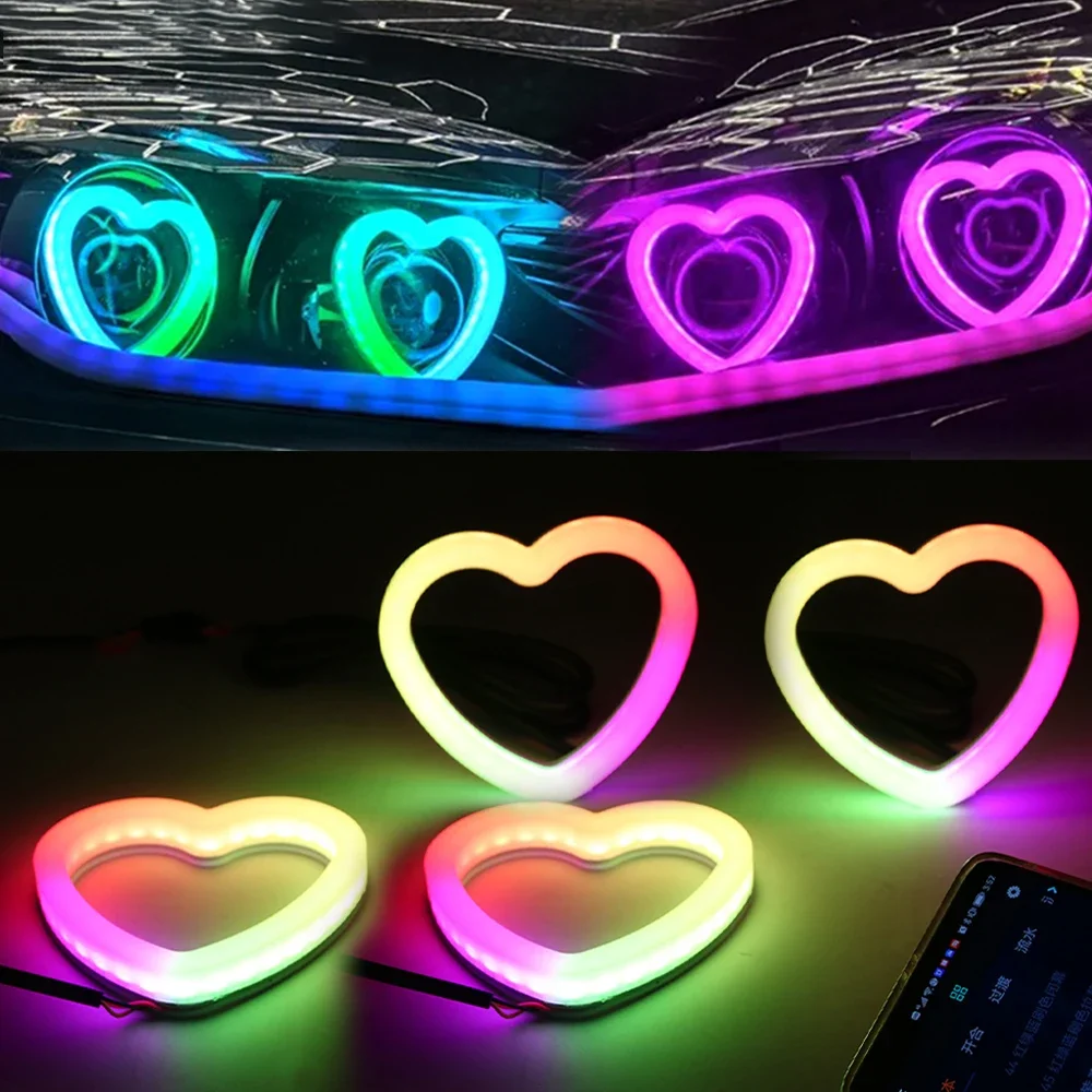 2pcs Heart-Shaped RGB Angel Eyes Halo Light Bluetooth App Control With with Amber Turning Light Car Light Accessories