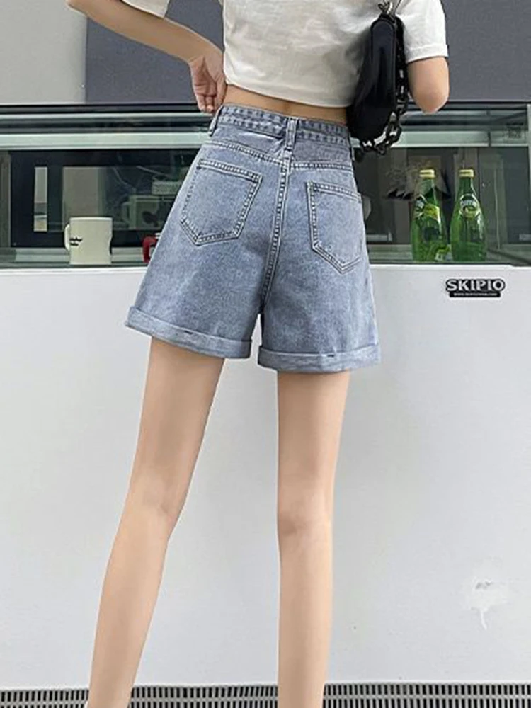 Zoki celana pendek Denim huruf untuk wanita, celana pendek Denim kasual, celana A Line model A Line, celana pendek Jeans pinggang tinggi gaya Preppy gaya Korea musim panas untuk wanita