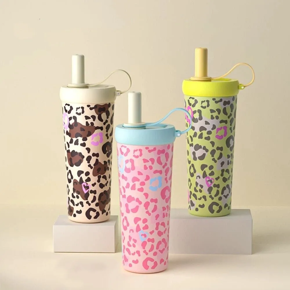 Leopard Pattern Straw Thermos Cup Stainless Steel Large Capacity Thermal Water Bottle Durable Leak-Proof Outdoor Insulated Mug