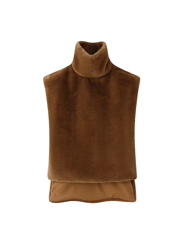 HH Women Warm Casual Small High-necked Sleeveless Vest Retro Faux Fur Effect Short Shawl Women 2-Color Winter Solid Shawl