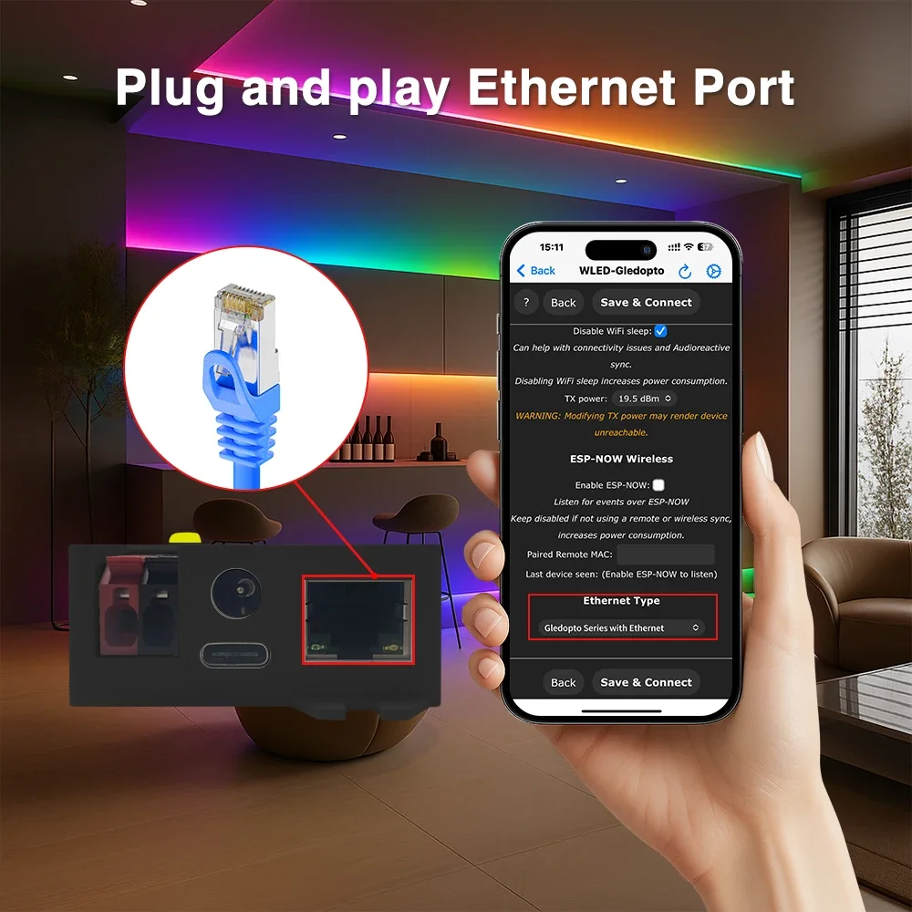 Elite ESP32 WLED Controller Wired Ethernet Sound Reactive Energy Save Relay 20A Fuse Dynamic WS2811 WS2812 SK6812 RGBIC Strip