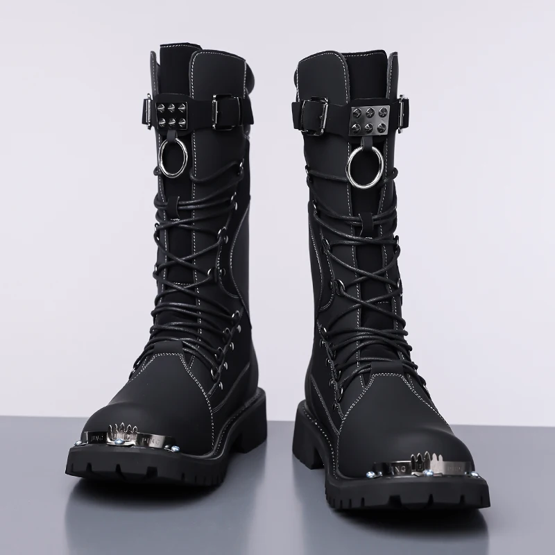 

High Quality Men Cool Autumn and Winter Motorcycle Boots High Top Retro Fashionable Metal Splicing Personalized Long Boots