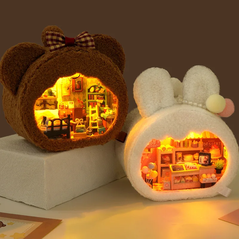 Diy Wooden Bear Rabbit  Dollhouse With Furniture Light Doll House Casa Miniature Items maison For Children Toys Birthday Gifts