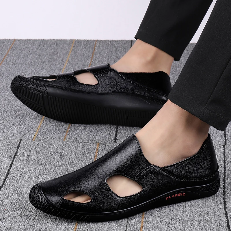 Sandalias de cuero todo terreno para hombre, suela suave para zapatos de trabajo de oficina, zapatos transpirables de verano para hombre