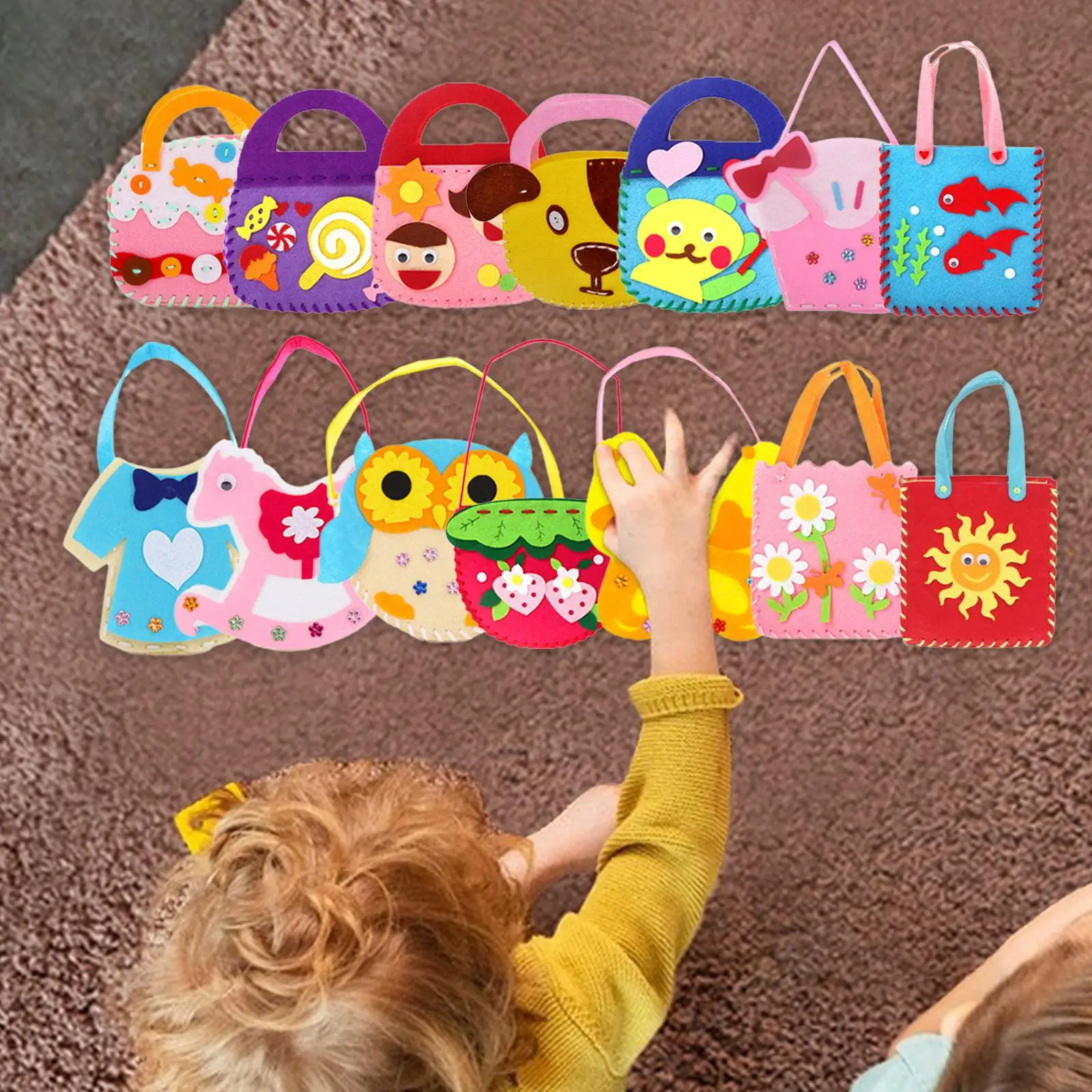 14Pcs Handbags Kids Sewing Kit Educational Toy Motor Skills Complete Set Cartoon Toddlers Arts and Crafts for Halloween Gift