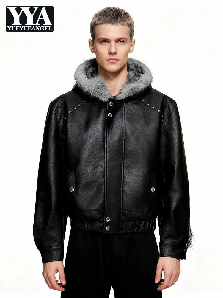 Men Reversible PU Leather Jacket Solid Color Gothic Style Overcoat Fleece Thick Loose Hooded Short Jackets Zipper Warm Male Coat