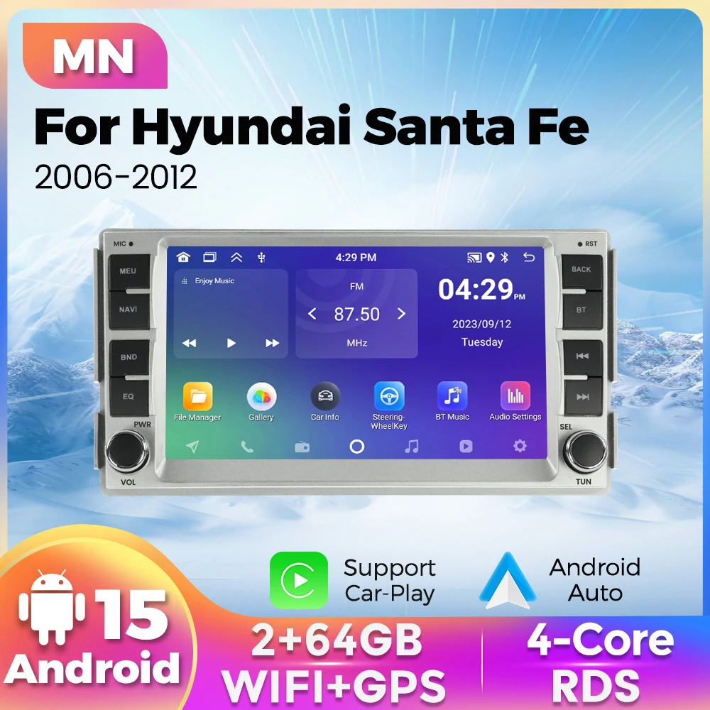 7'' Android 15 Car Radio Stereo for Hyundai Santa Fe 2 2006 - 2012 Carplay Auto GPS Navigation Multimedia Video Player Autoradio