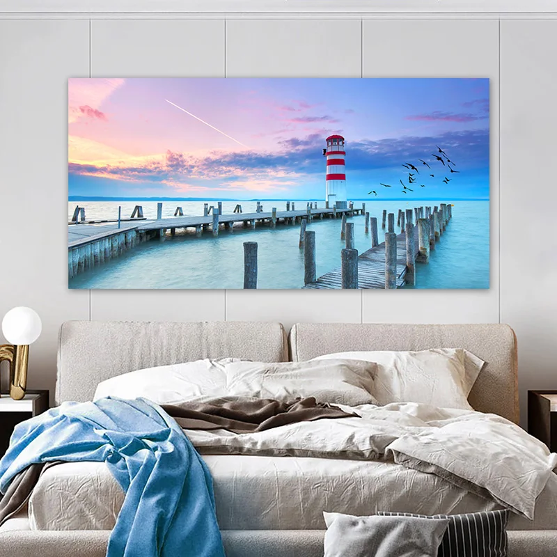 Landscape Posters Canvas Prints Sea Bridge Painting Wall Picture for Living Room Seascape Bird Sunset Home Decoration No Frame