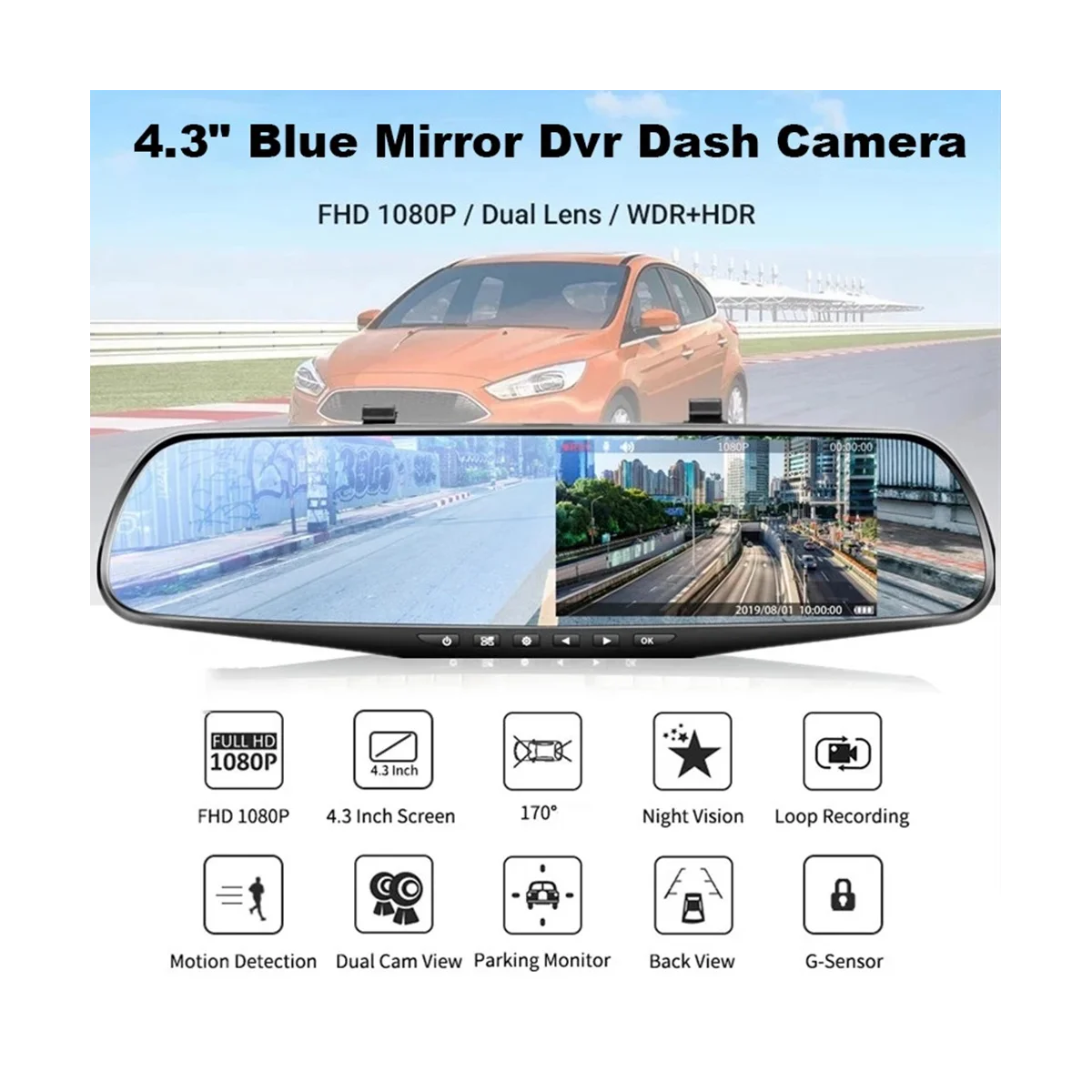 4.3Inch Car Dash Cam Driving Recorder HD 1080P Cycle Mirror Dvr Dash Cam Dual Lens Video Recorder Car DVR Dash