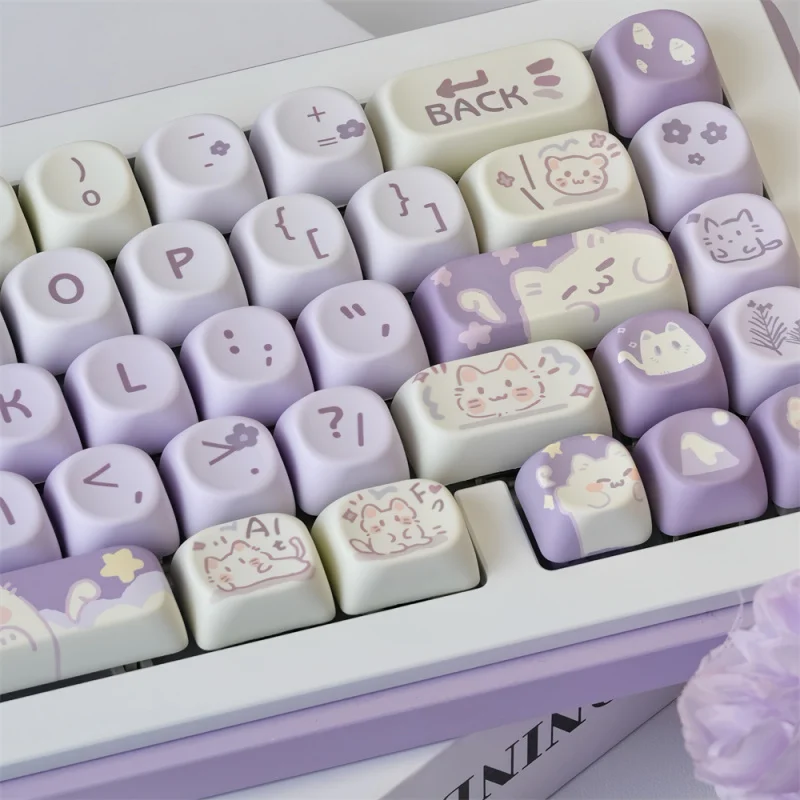 Purple Cat Keycaps Set 132 Keys MOA Profile Dye-Sublimation Key Caps Set For 60% 65% 75% 80% 96% 100% Layout Mechanical Keyboard