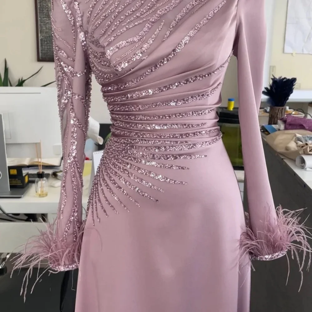 Sansa Formal A-line Glitter Satin Evening Dress O-Neck Floor-Length Wedding Dress Long Sleeve Feathers vestidos de fiesta 2024