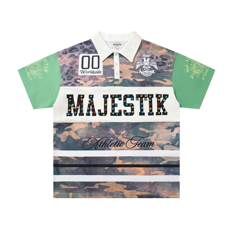 Camo Patchwork Color Block Short Sleeve Polo Rhinestone Accent Letter Print Retro American Casual Man Majestik T-shirts