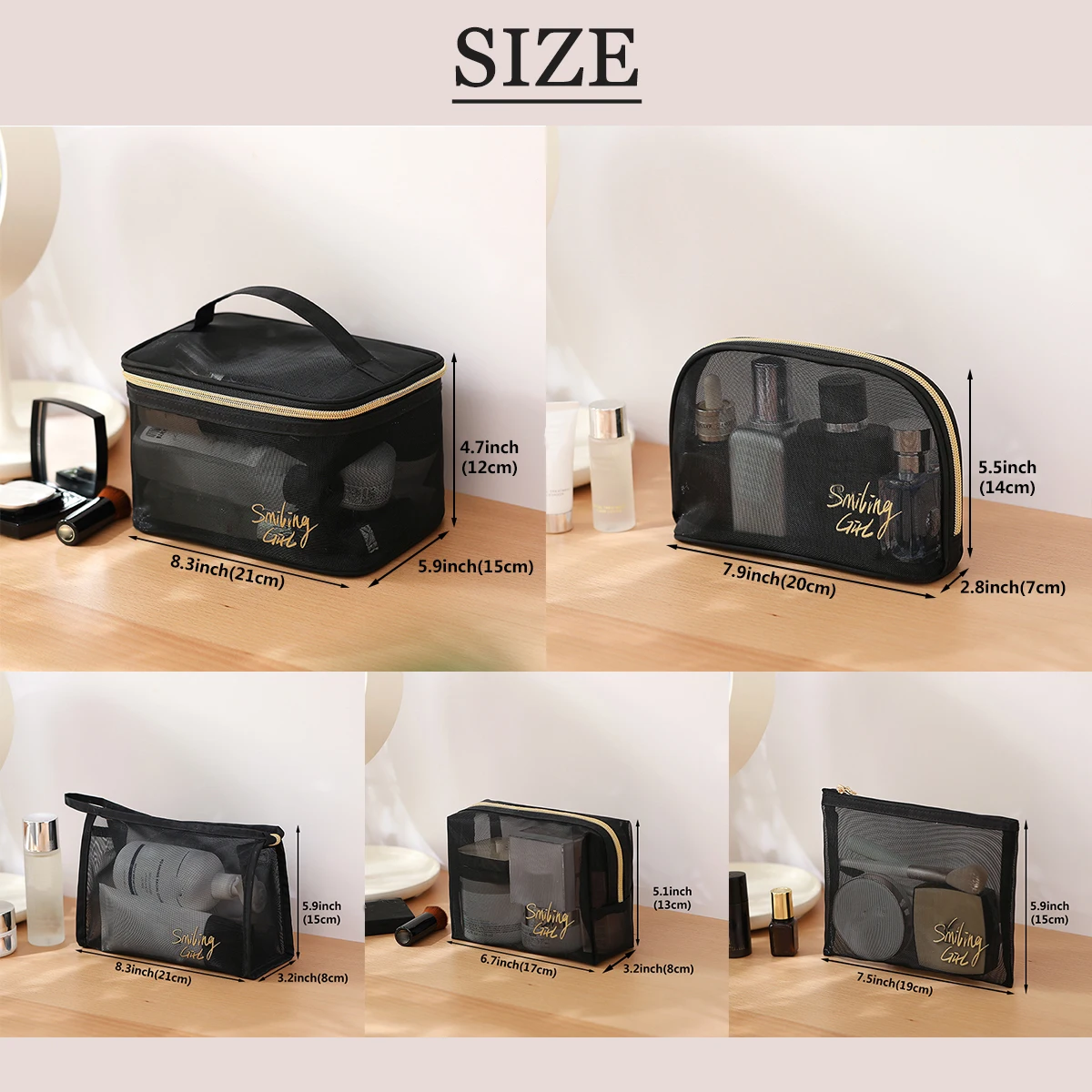 5pcs/Set Mesh Makeup Bags Black&Heart Portable Cosmetic Pouches Washbag