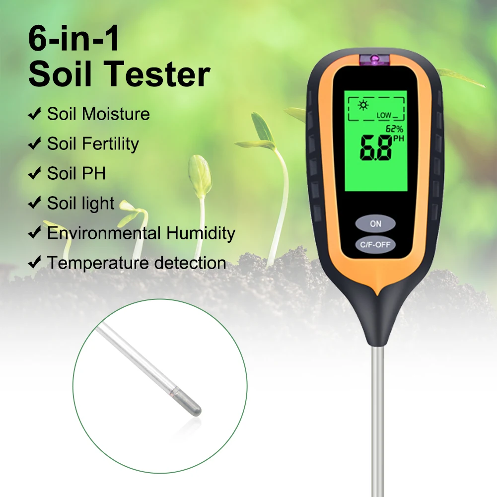 6 In 1 Handheld Soil Tester LCD Digital PH Moisture Sunlight Temp Fertility Detector Humidity Monitor Gardening Planting Tool