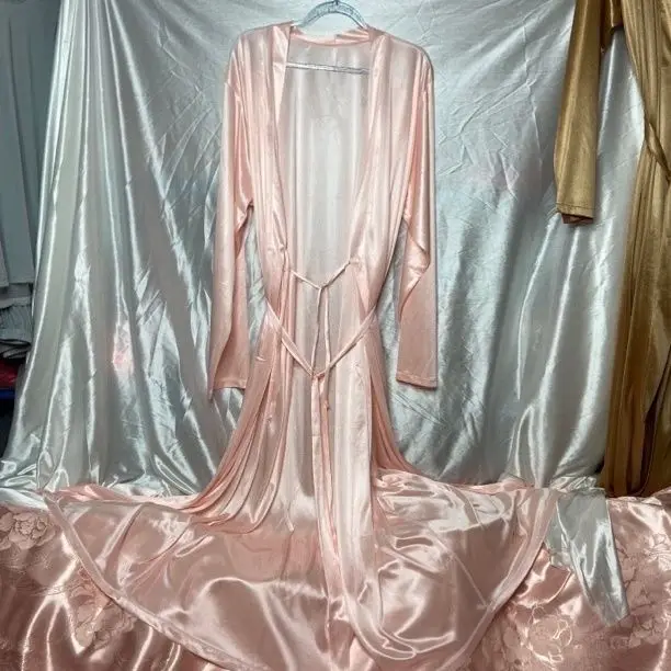 Glossy Sexy Women Satin Maxi Robe V Neck Long Sleeve Sashes Loose Long Dress Plus Size Sleeping Gown