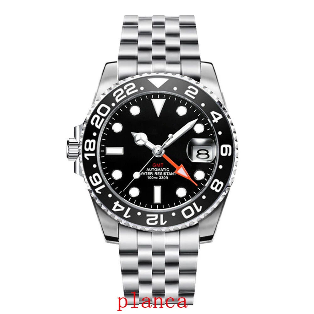 Orologio meccanico con logo personalizzato da 40 mm GMT NH34 Il lunetta girevole a sinistra con vetro zaffiro Orologio in acciaio inossidabile argento