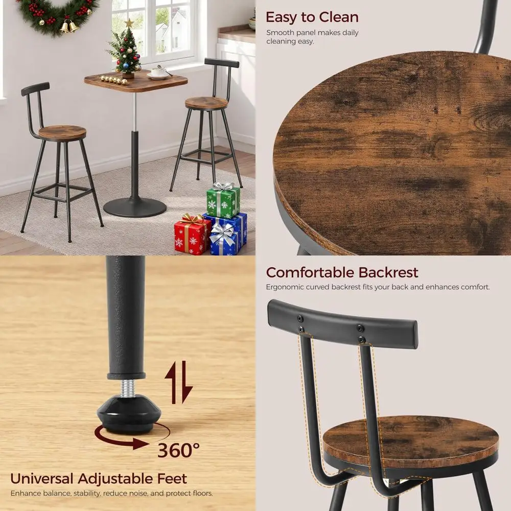 

Pair of 26 Rustic Brown Metal Bar Stools with Backrest, Footrest, Adjustable Feet for Kitchen, Living Room, Pub