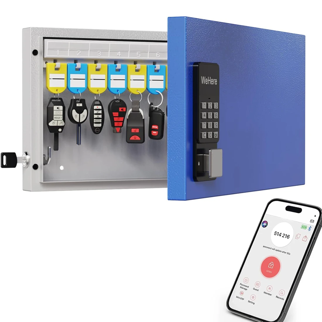 WeHere Smart Lock Box Wall Mount Storage Cabinet with Remote Authorization Bluetooth WiFi Code Key Unlock - Capacity for 24 Keys