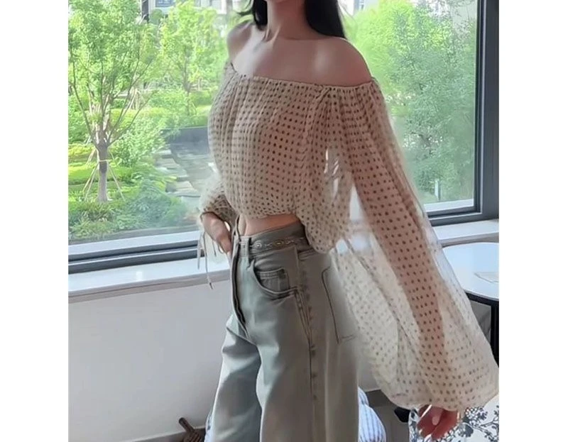 

One-word Shoulder Polka Dot Long-sleeved Shirt Women's Summer Off-the-shoulder Pure Desire Wind High-end Slim-fit Top Shirt