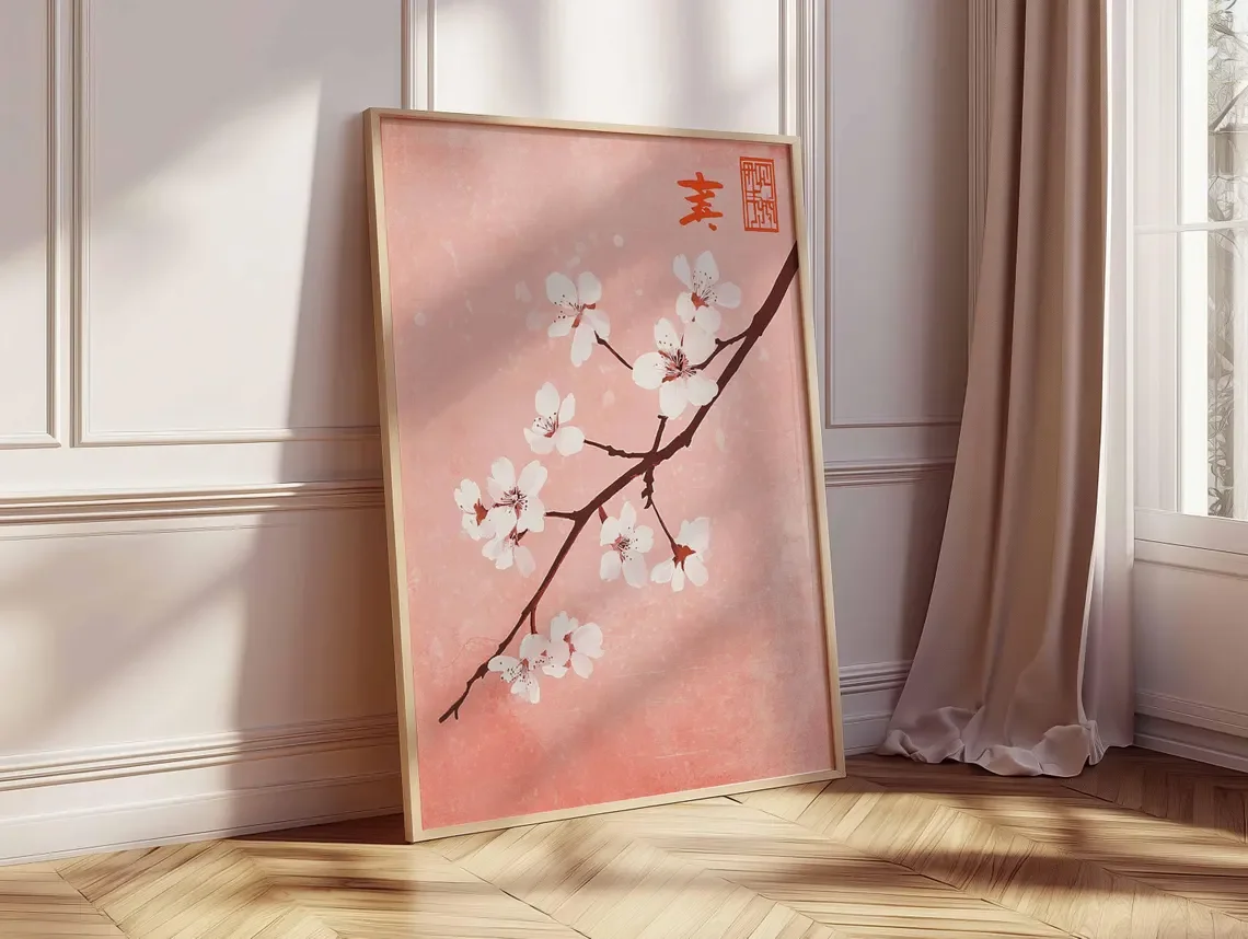 Cherry Blossom Wall Art, Japanese Sakura Poster, Pink Floral Print, Minimalist Zen Decor, Asian Inspired Botanical Artwork for H - view 6