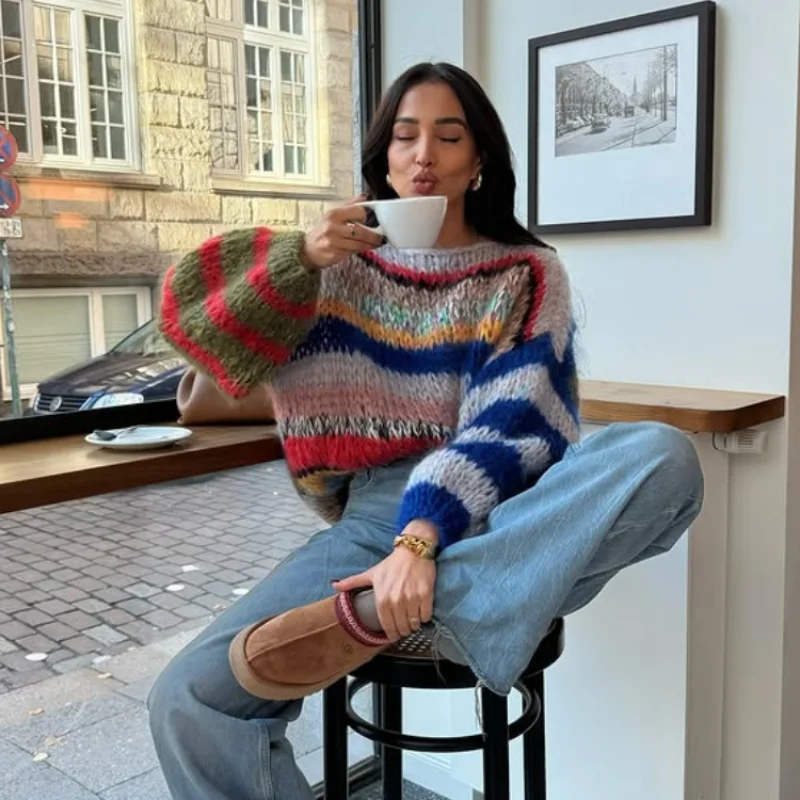 

Creative Colorful Sweater Loose Casual-chic Women's Knitwear Vintage Eye-catching Fashionable Trend Female Pullover Knitted Tops