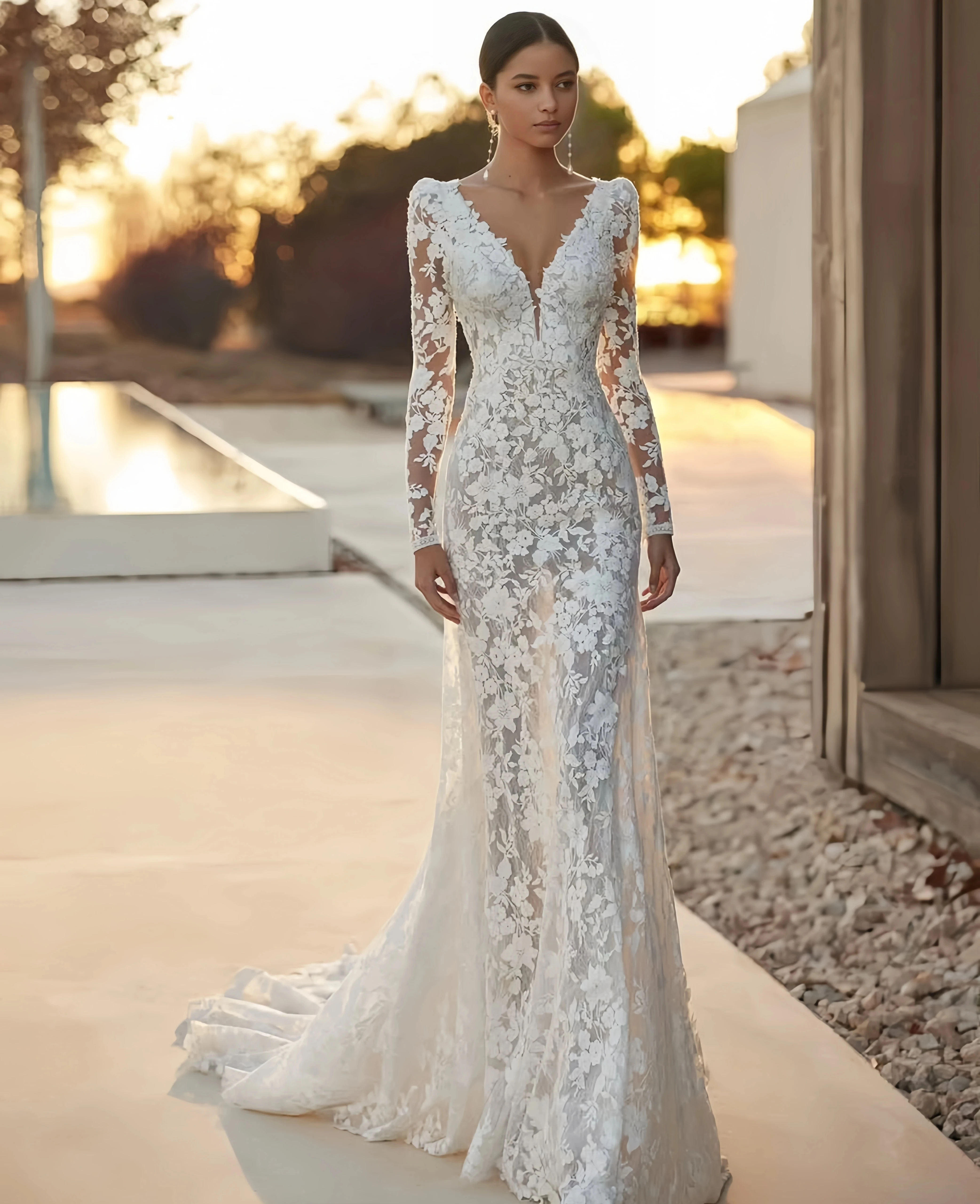 

Elegant Wedding Dresses 2026 Sheer V-Neck Long Sleeves Embroidery Lace Mermaid Bride Dress Bridal Gowns Vestido De Noiva